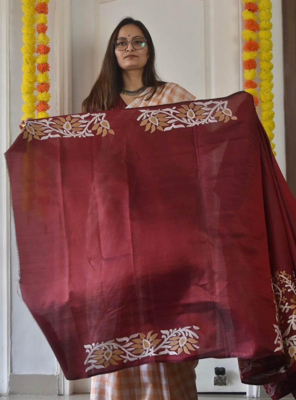 Kantha - Stitch Hand Embroidered Saree | Pure Bangalore Silk | Maroon