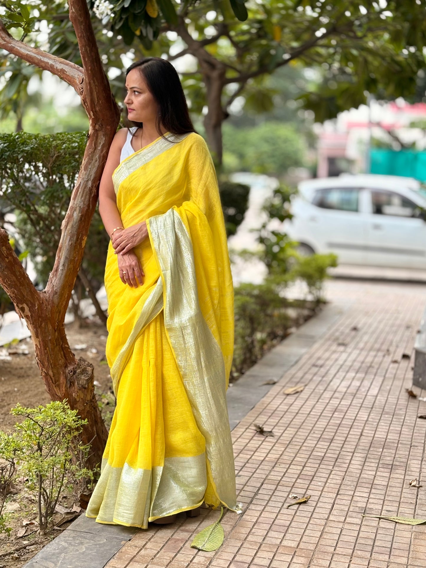 Yellow Silver pure Linen By Linen Saree With running Blouse