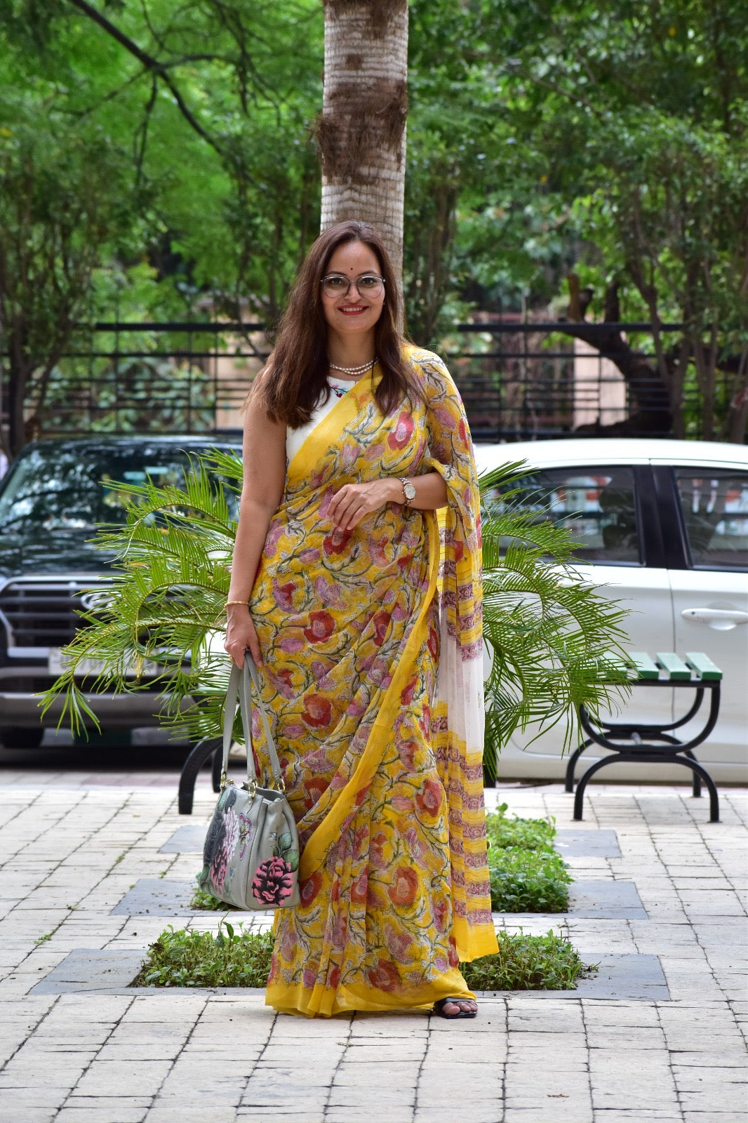 Hand Block Print Saree | Pure Chiffon | Yellow