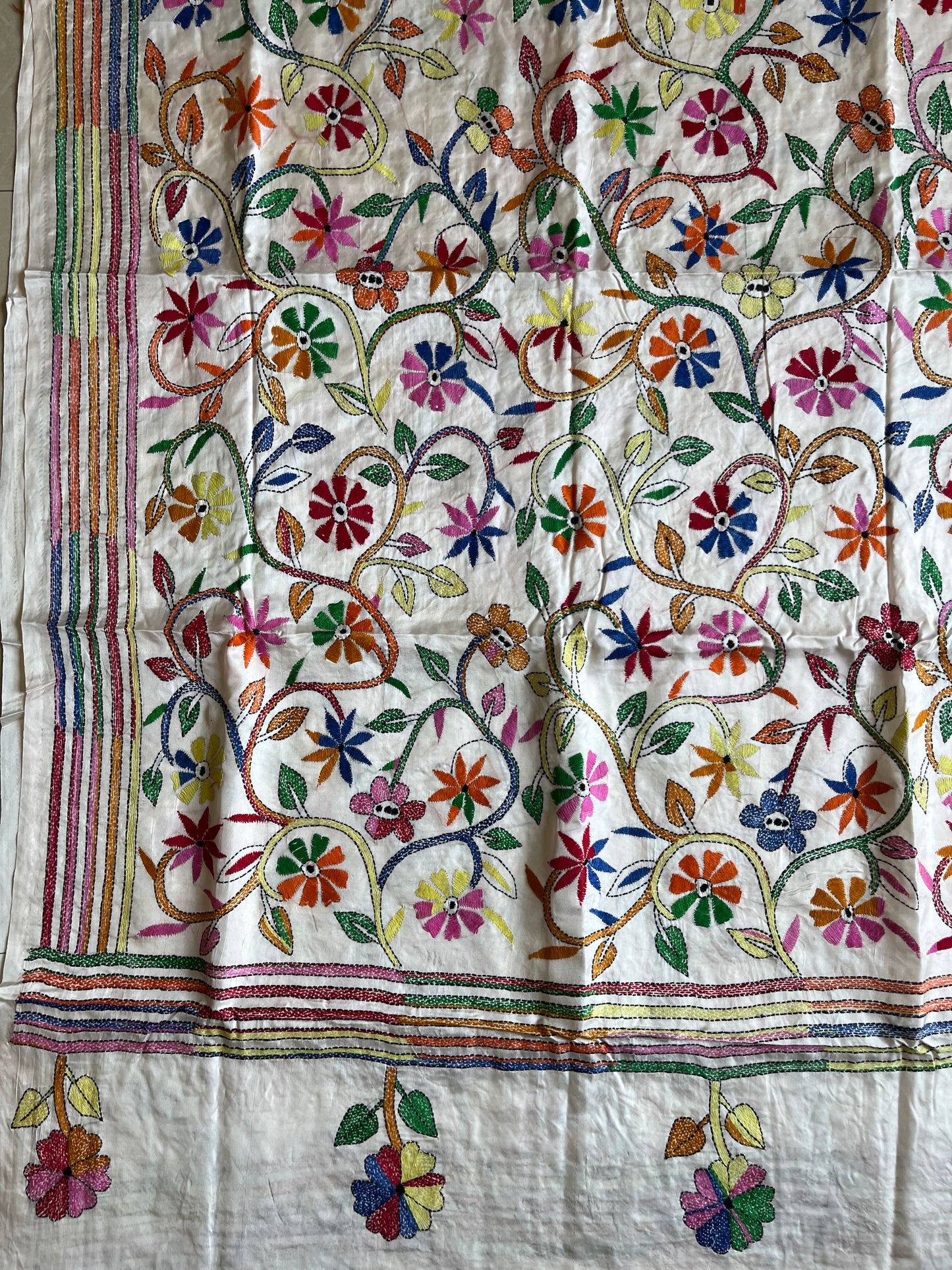 Kantha Stitch Hand Work Embroidered Art Silk Saree With Blouse