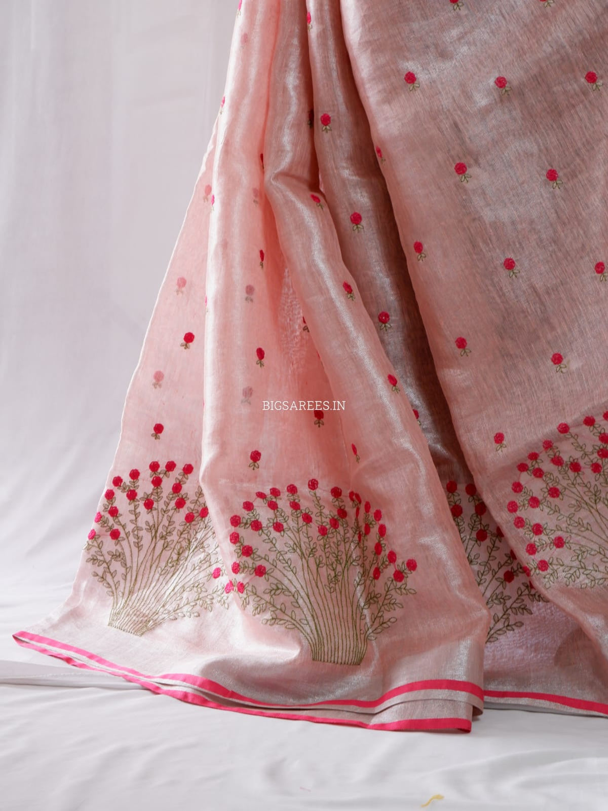 Tissue Linen Blend machine embroidered Saree | Light Pink