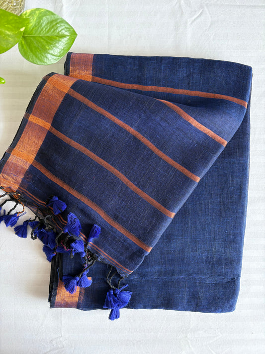 Navy Linen By Linen Saree With Blouse