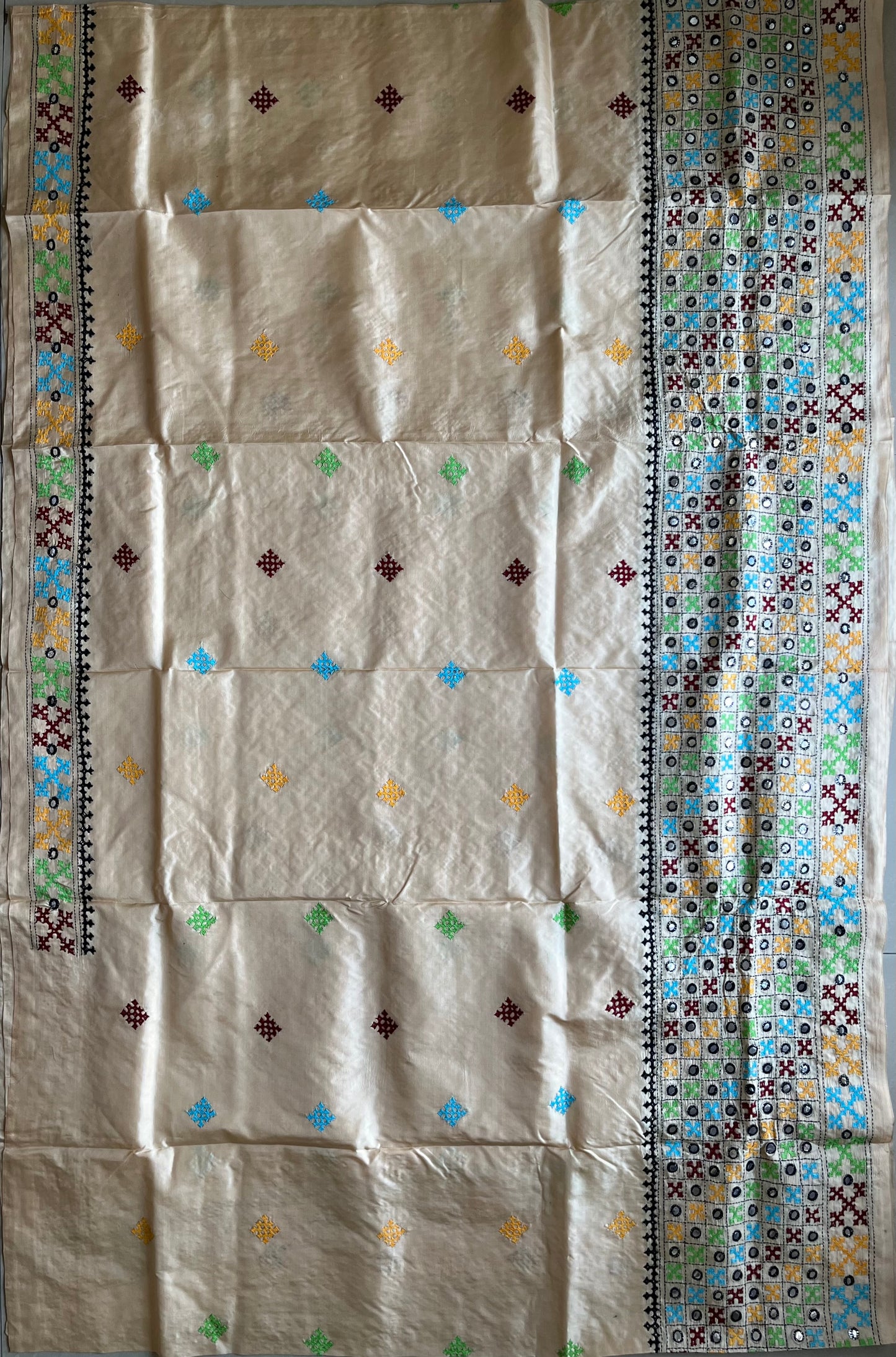 Gujrati/Kutchi Work Hand Embroidered Tusshar Silk Saree