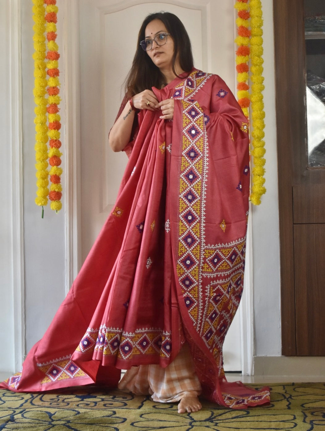 Kutchi Hand Embroidered Saree | Pure Tassar Silk | Silk Marked | Pinkish/Red