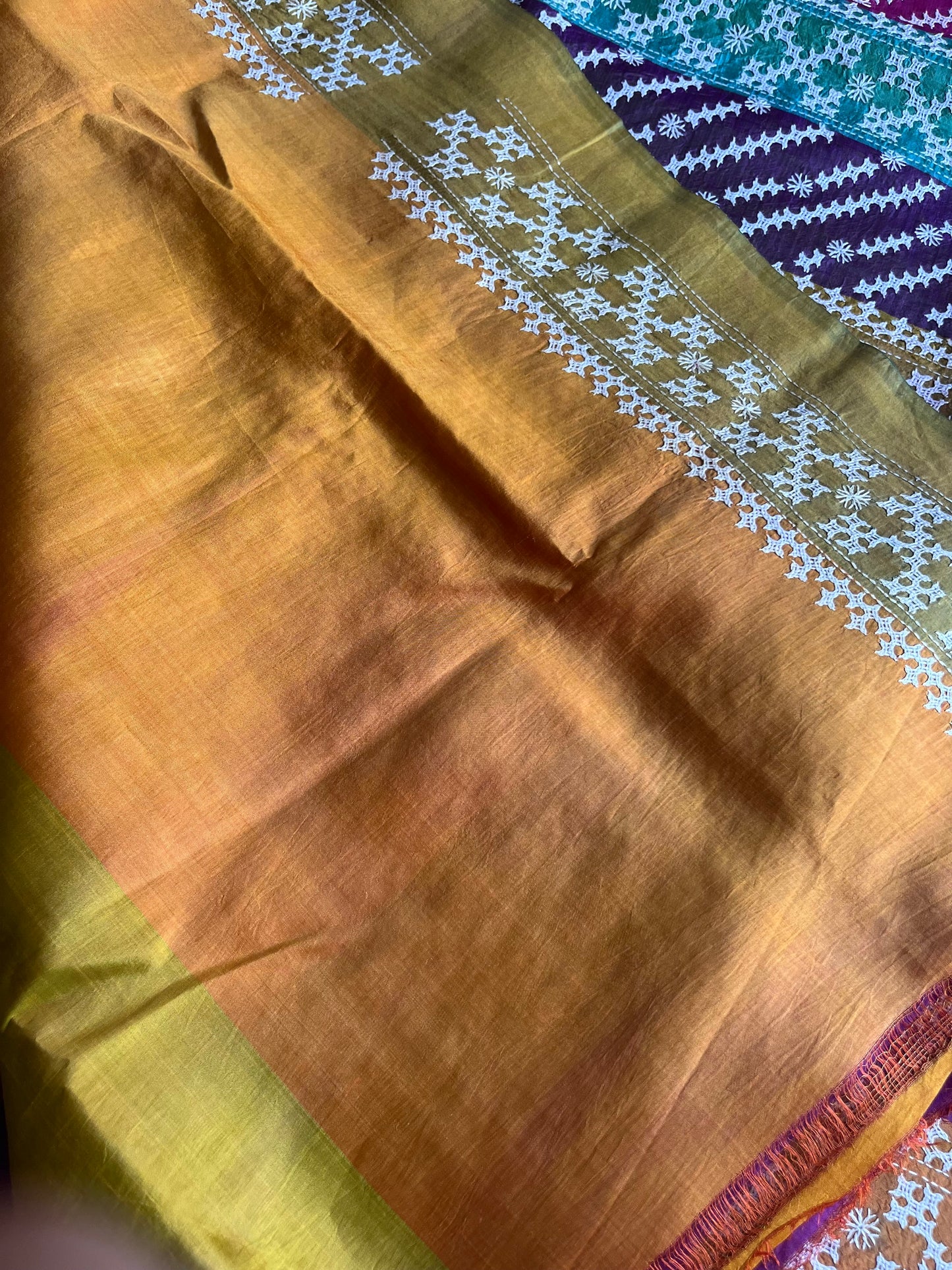 Kutch Hand Embroidered hand painted Pure Banglore Silk Saree