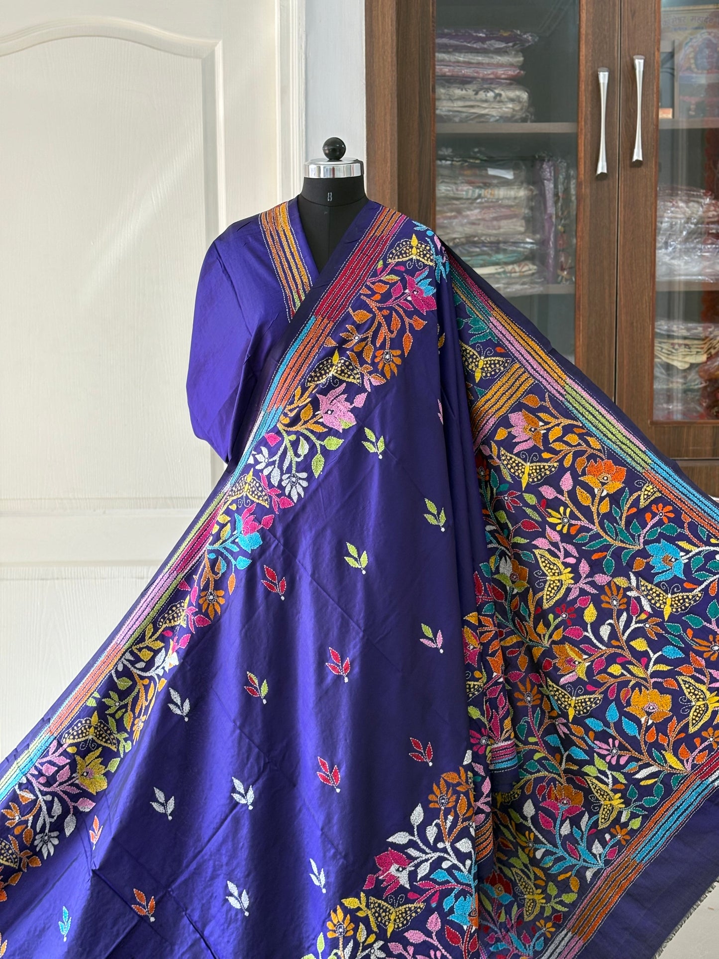 Kantha Hand Embroidered Pure Banglore Silk Saree (Silk Marked)