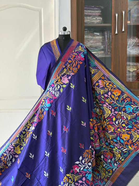 Kantha Hand Embroidered Pure Banglore Silk Saree (Silk Marked)