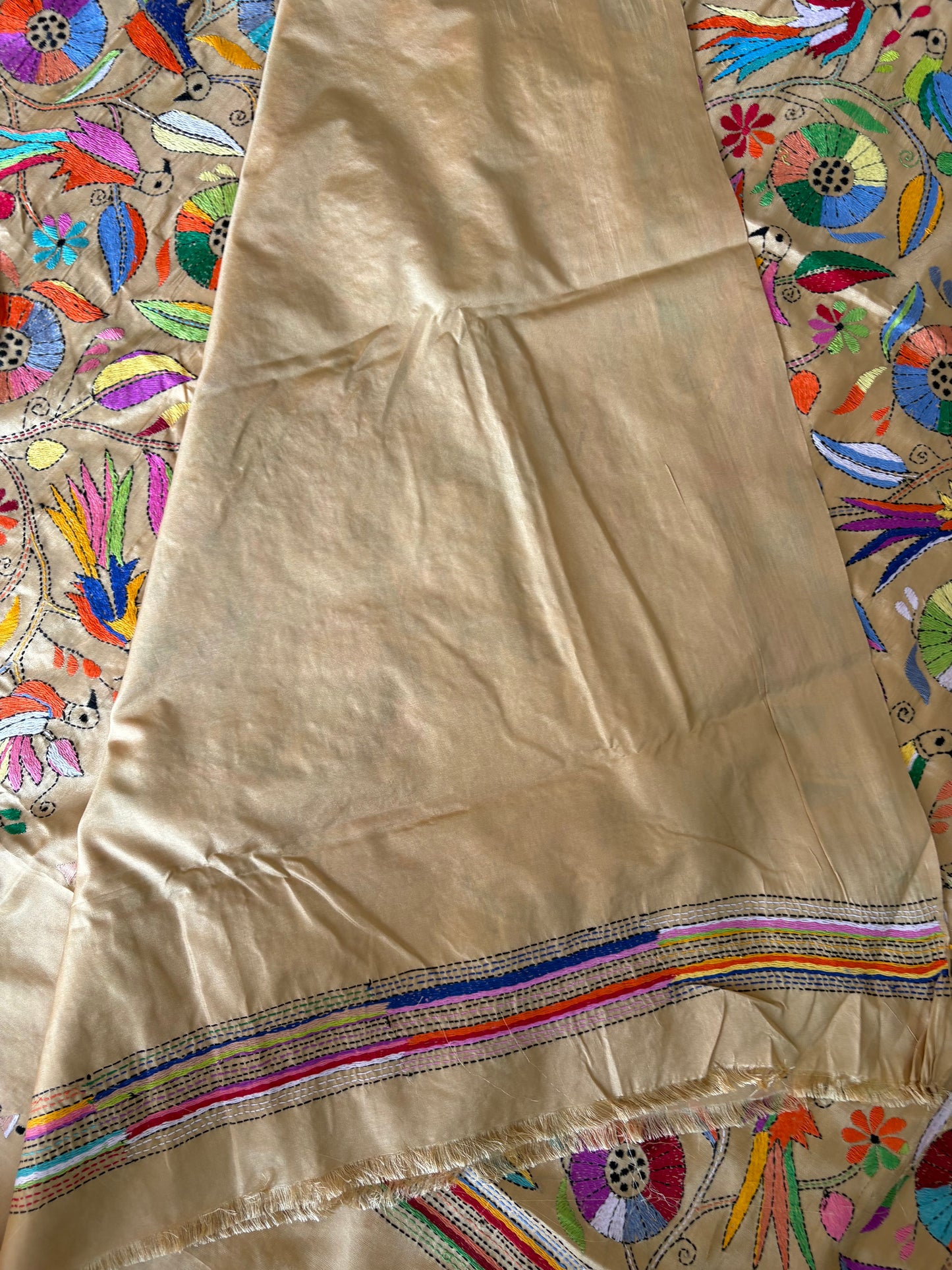 Kantha - Stitch Hand Embroidered Saree| Blended Bangalore Silk / Art Silk | Beige