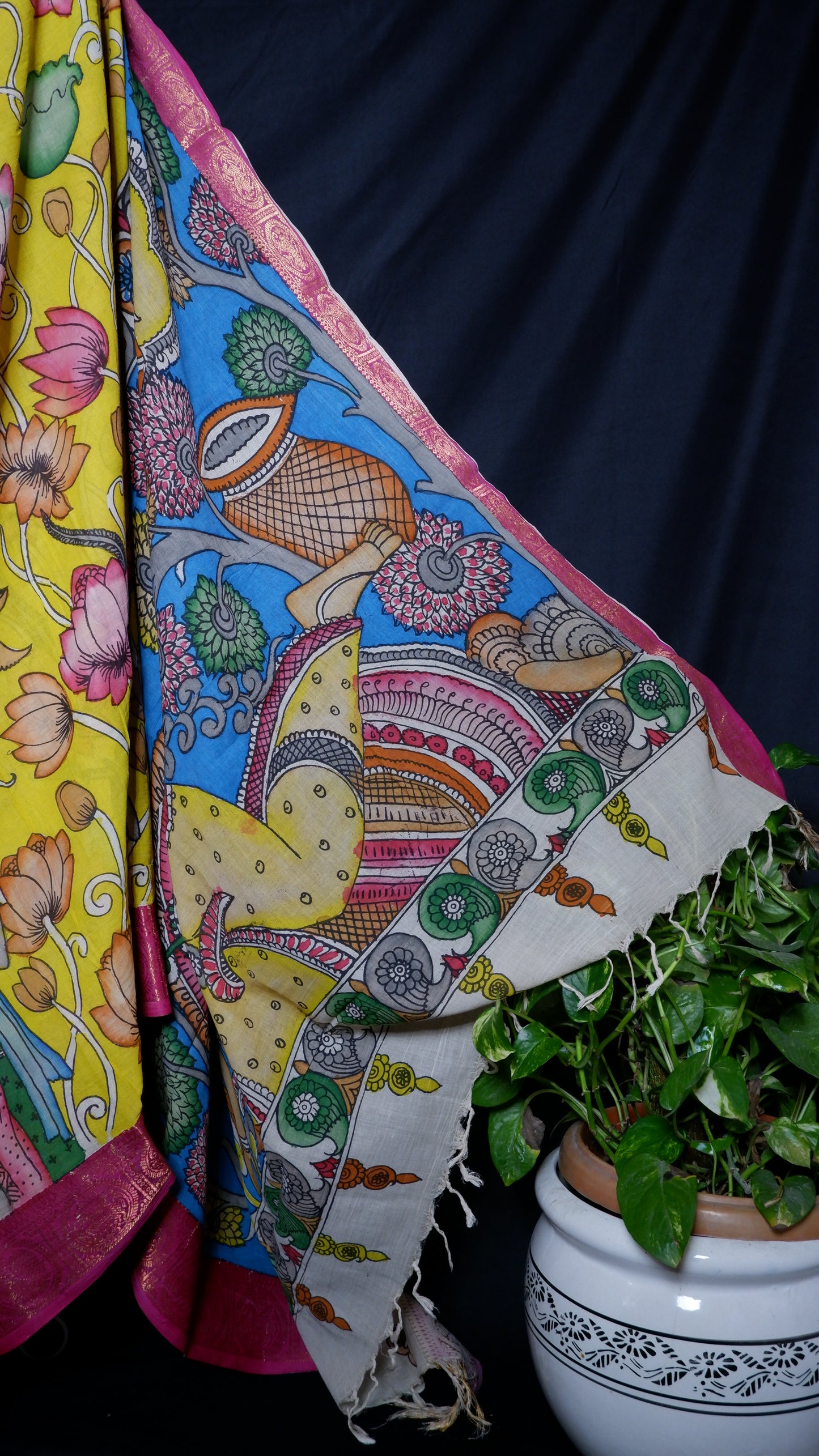 Pen Kalamkari hand painted pure cotton Saree with blouse