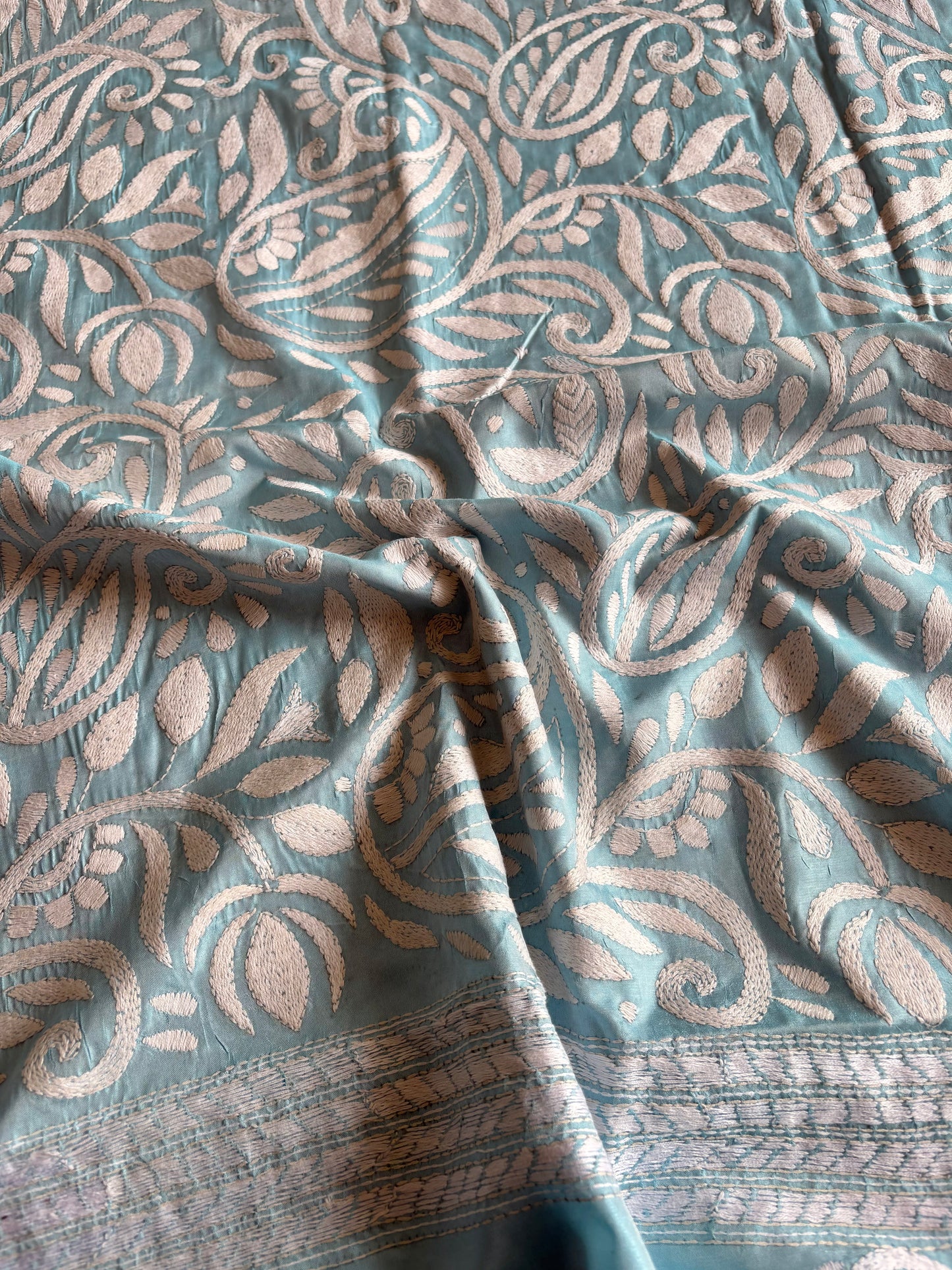 Kantha Stitch Hand Work Embroidered Art Silk Saree With Blouse