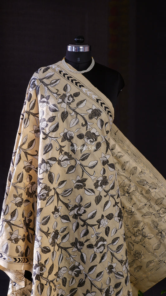 Kantha Hand Embroidary Full Work Semi Tusshar Silk Dupatta 36”