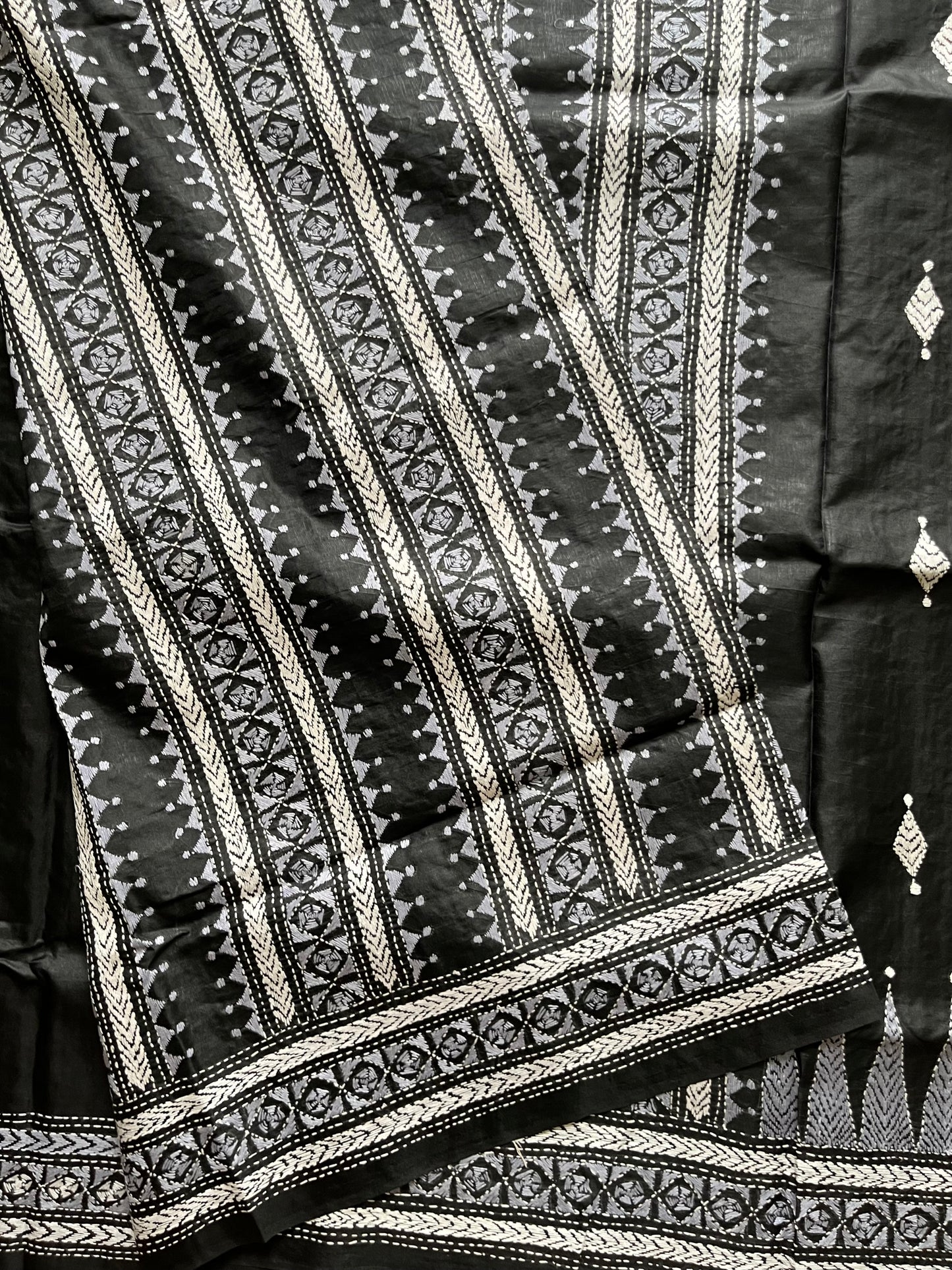 Black Kantha Stitch Hand Embroidered Pure Banglore Silk Saree (Silk Marked)