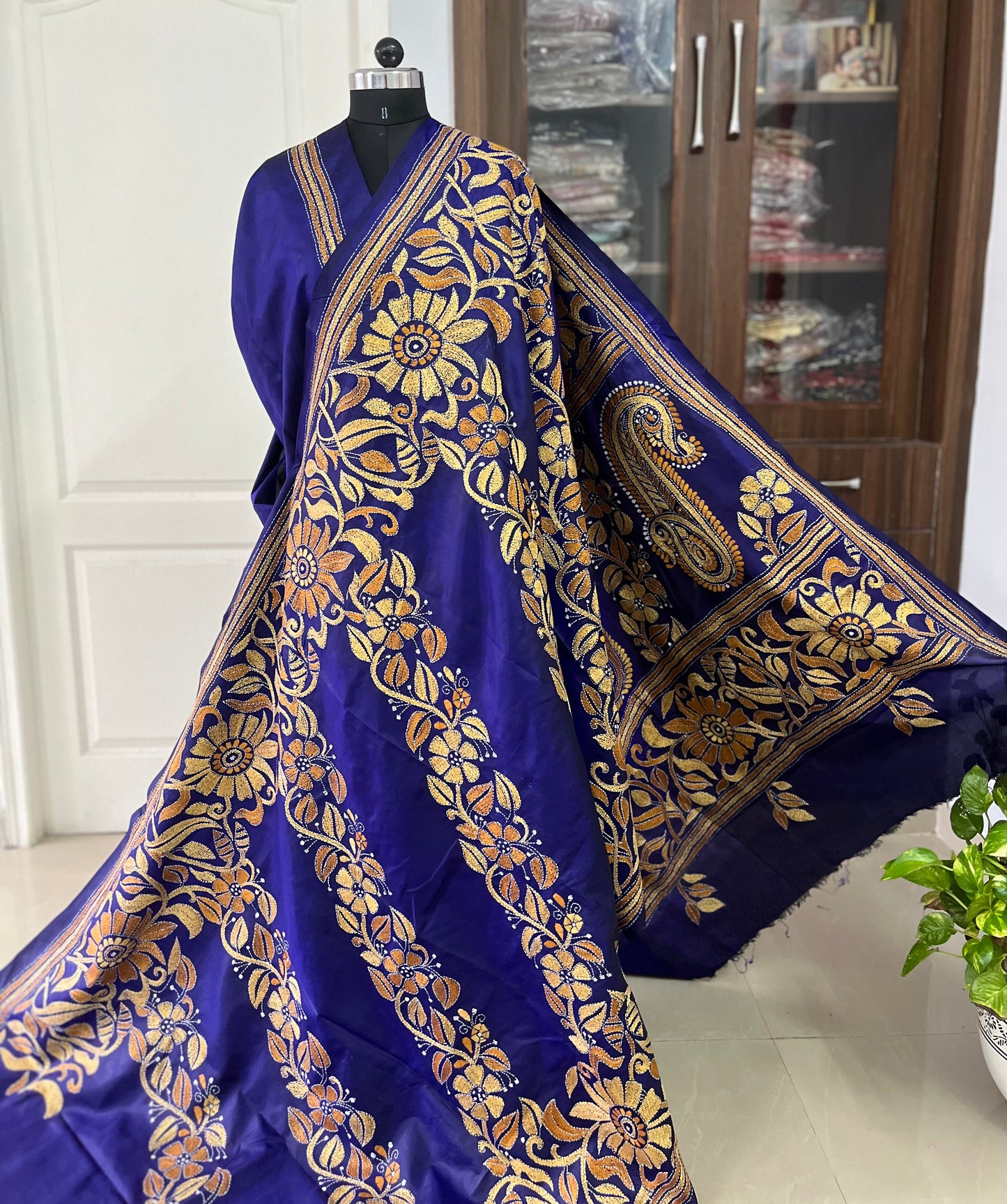 Kantha Hand Embroidered Pure Bangalore Silk Saree (Silk Marked)