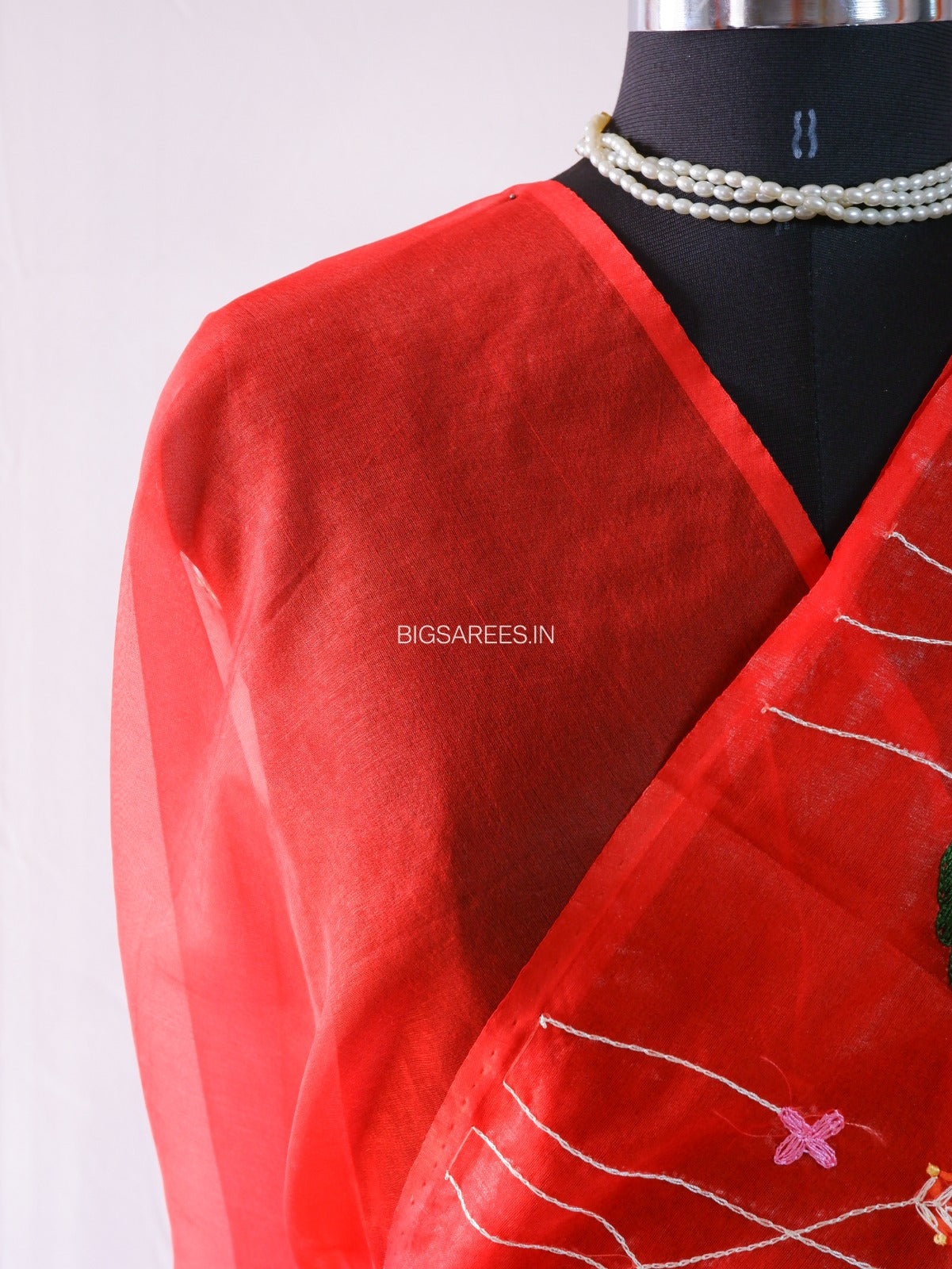 Designer Embroidered Semi Organza Silk Saree | Red