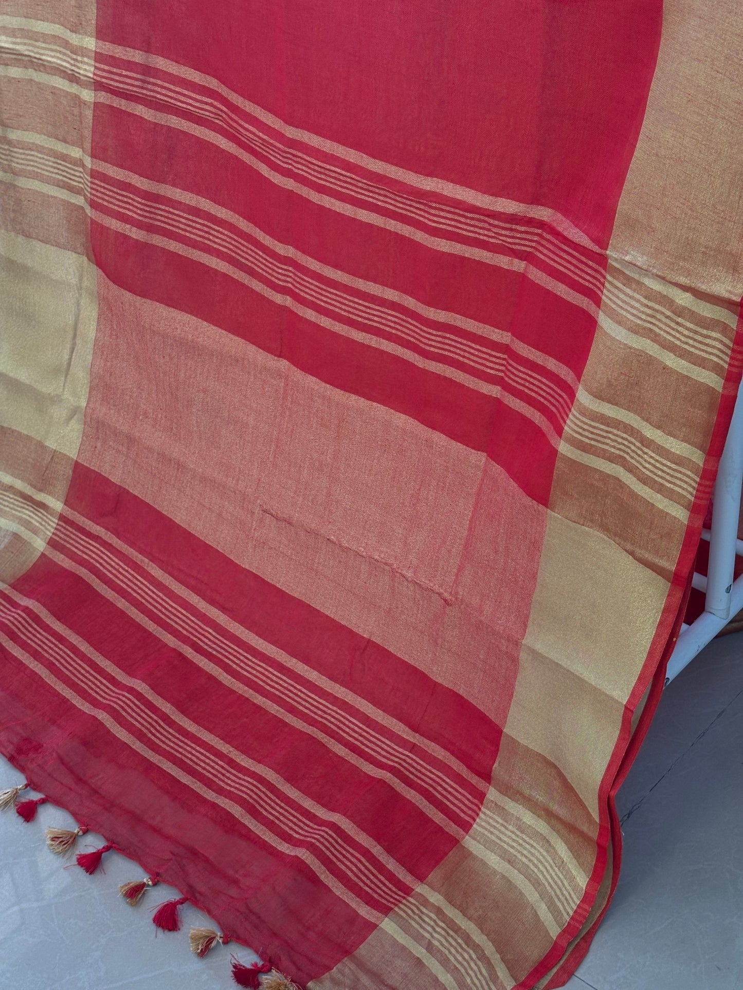 Red golden pure Linen By Linen Saree With running Blouse