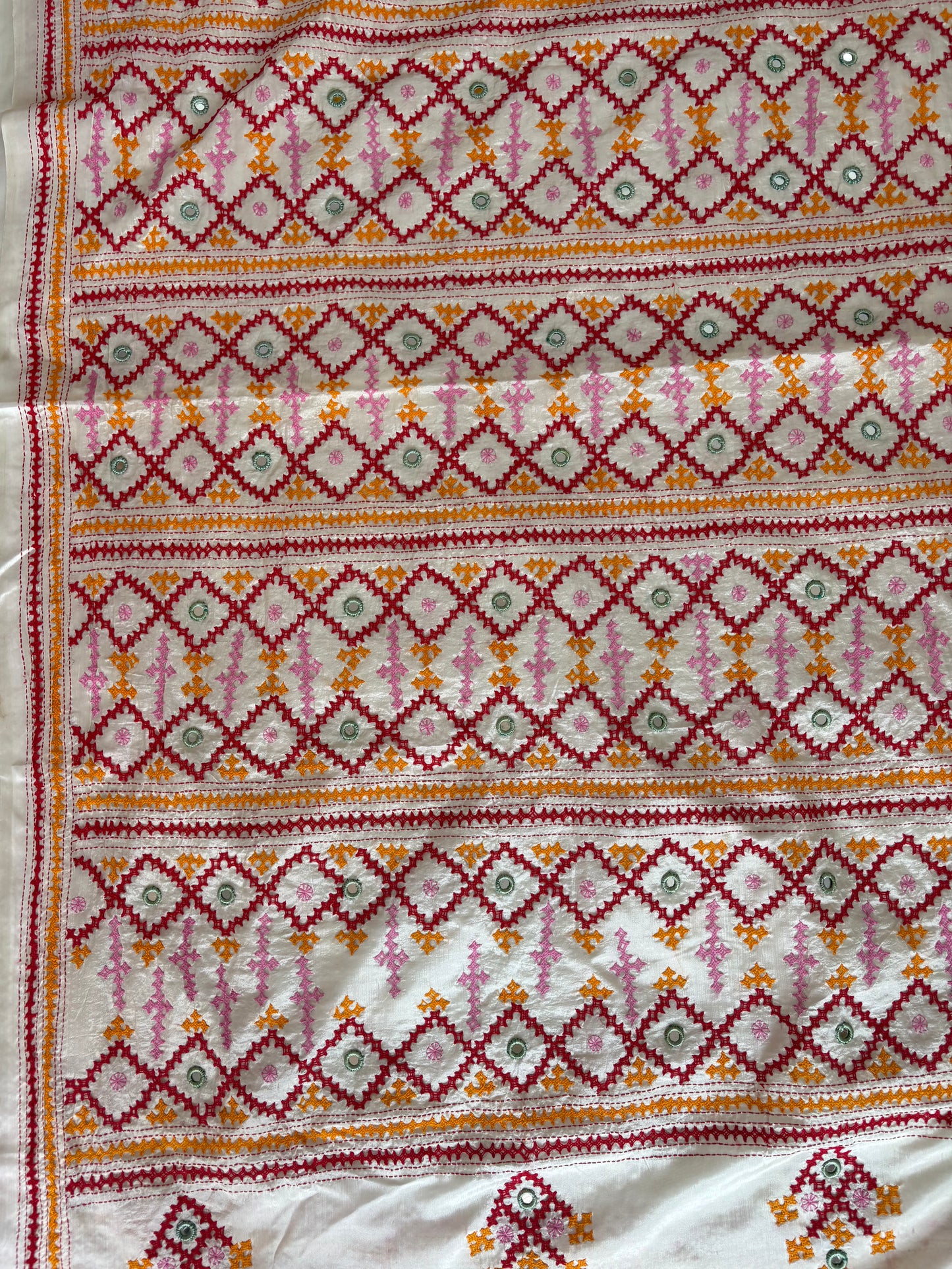 Real mirror work Kutchi Bhara Hand Embroidered Art Silk Saree- Off white
