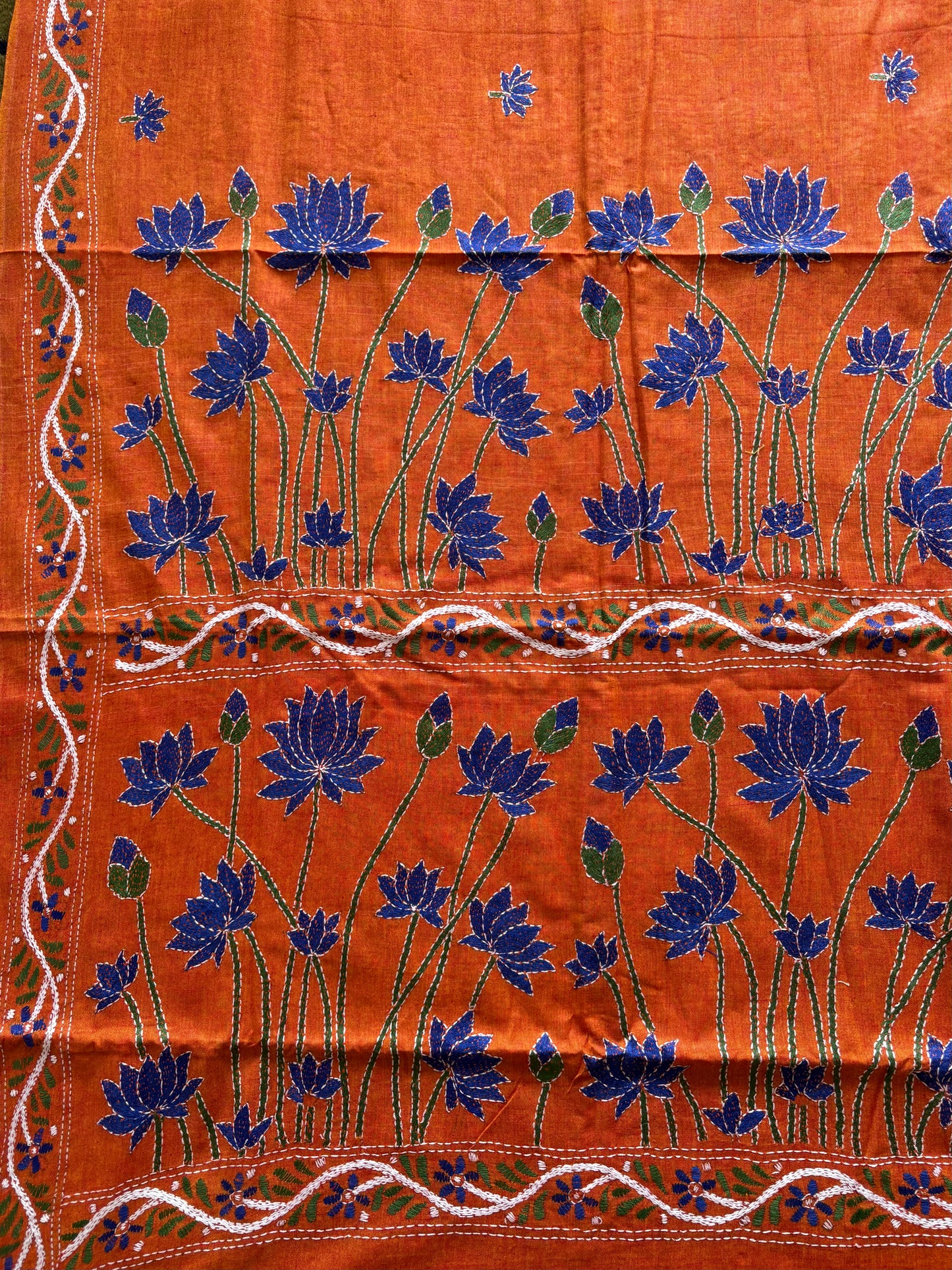 Kantha stitch Khadi Cotton Saree - Saffron