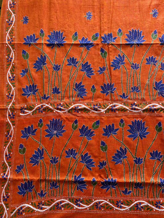 Kantha stitch Khadi Cotton Saree - Saffron