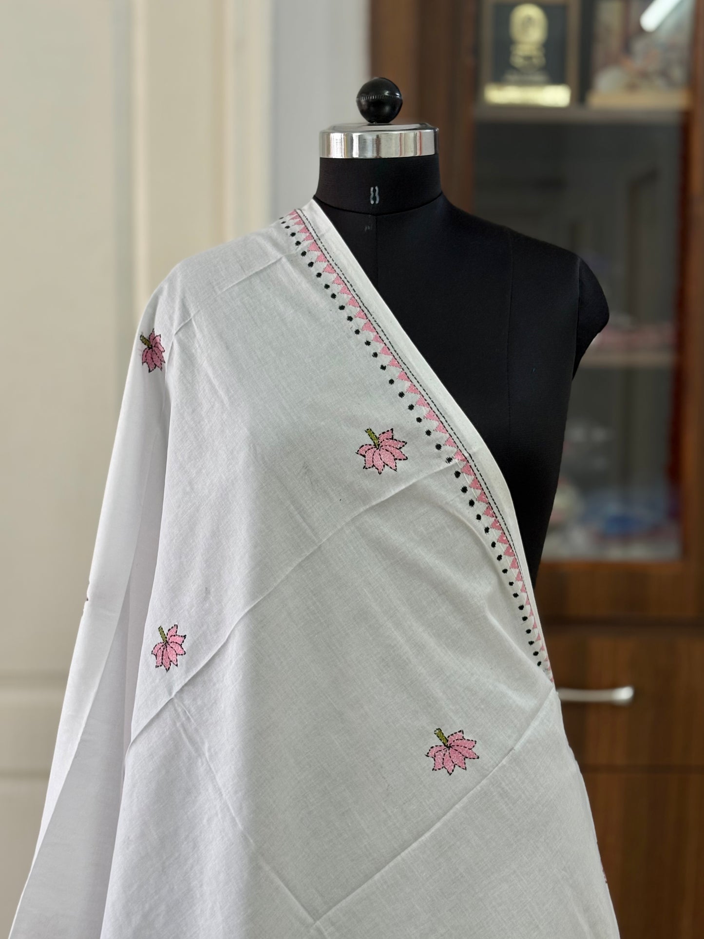 Kantha Hand Embroidary Full Work Pure Cotton Dupatta- white “36”
