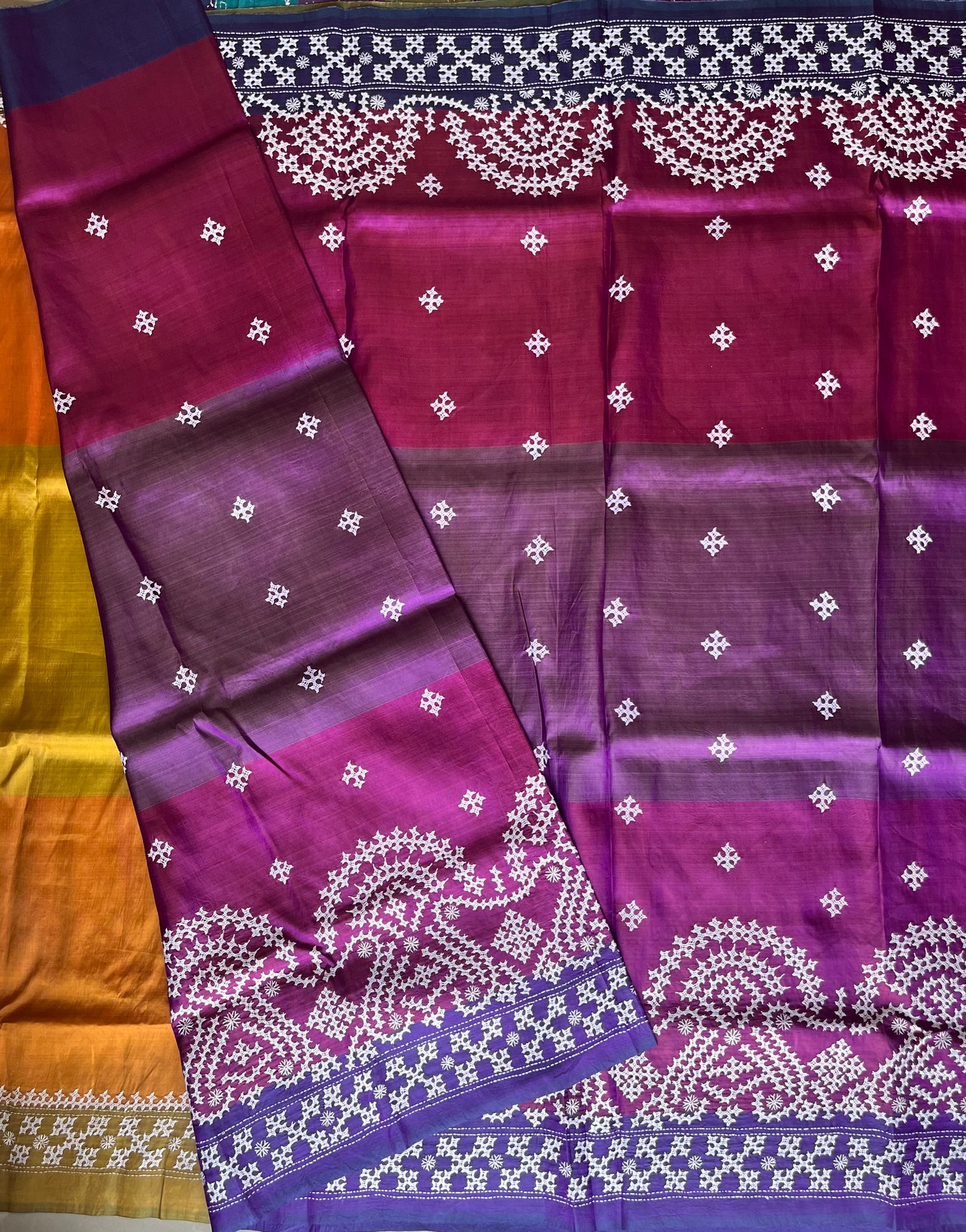 Kutch Hand Embroidered hand painted Pure Banglore Silk Saree