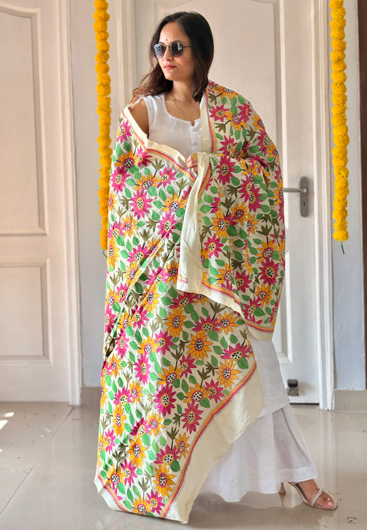Kantha Hand Embroidary Full Work Semi Tusshar Silk Dupatta 44″
