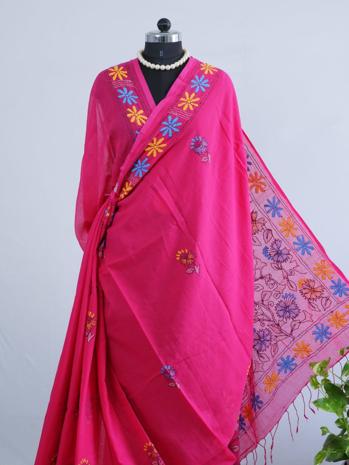 Kantha stitch Hand Embroidered Pure mul Cotton Saree