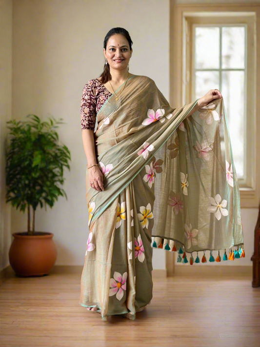 Hand Painted Mul Cotton Saree - dual tone sand colour