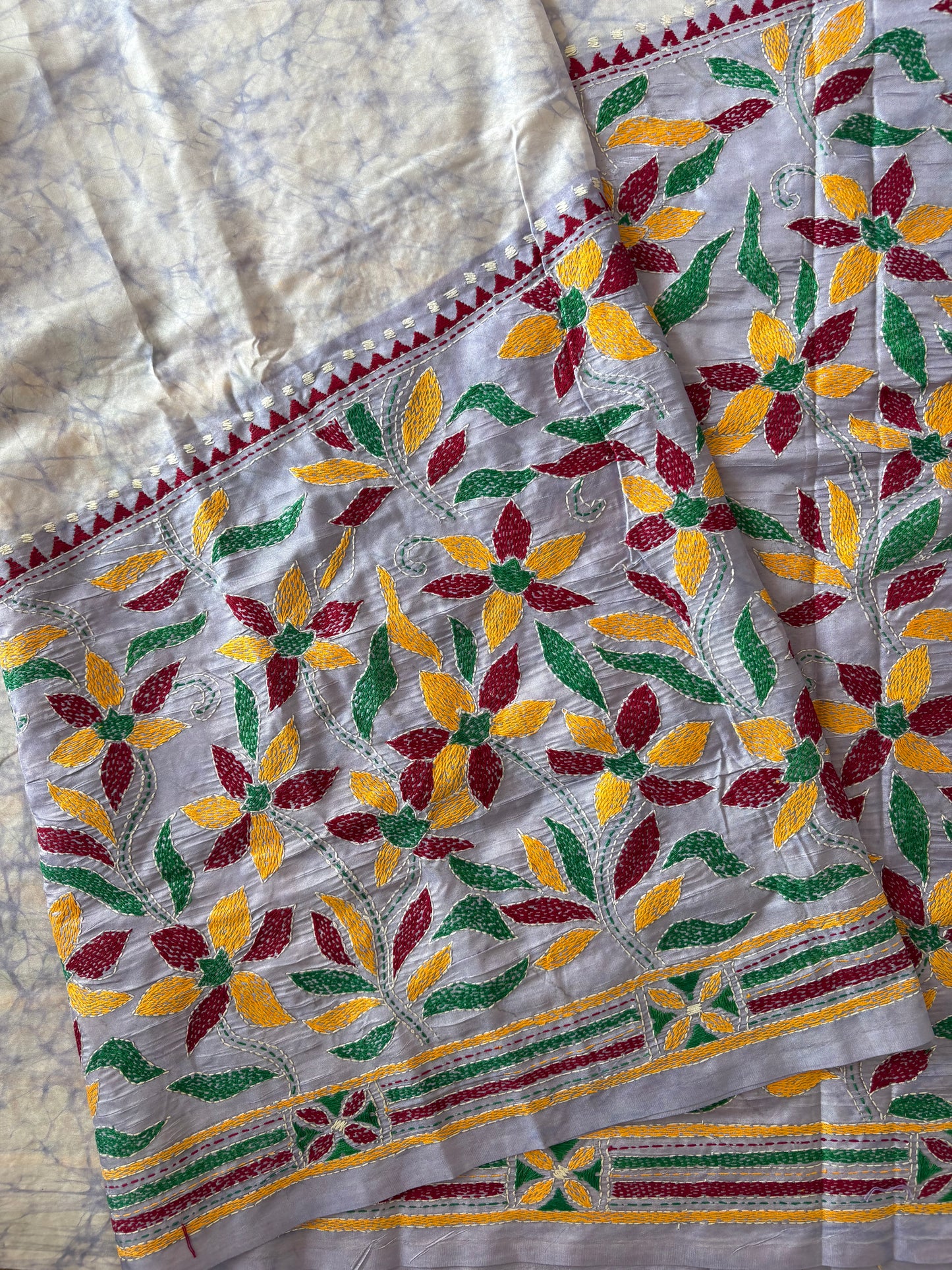Kantha - Stitch Hand Embroidered Saree | Blended Bangalore Silk / Art Silk
