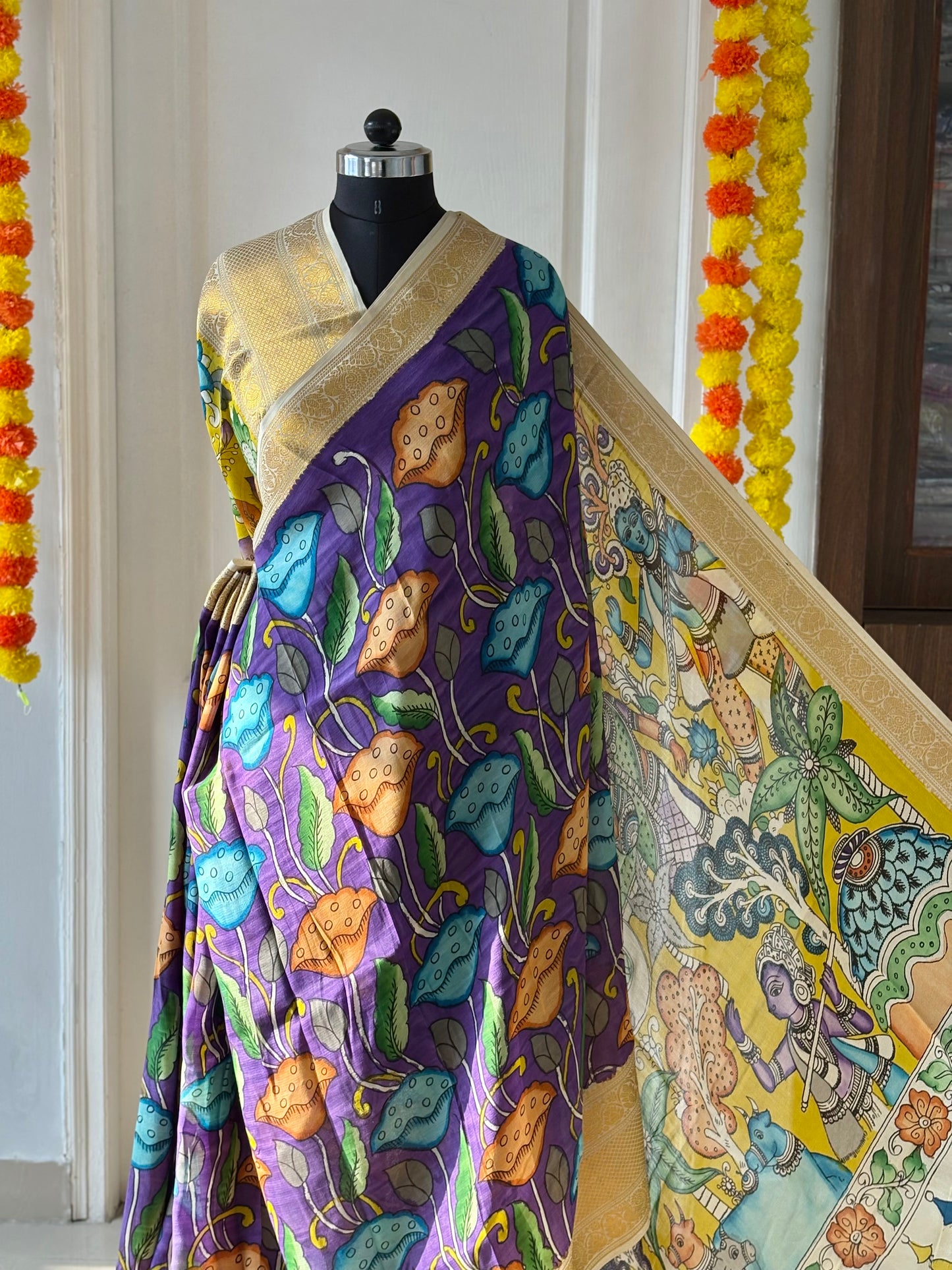 Pen Kalamkari hand painted Banglore Silk Saree with blouse