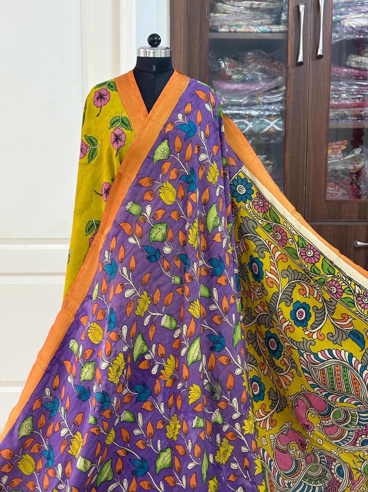 Pen Kalamkari hand painted pure cotton Saree with blouse
