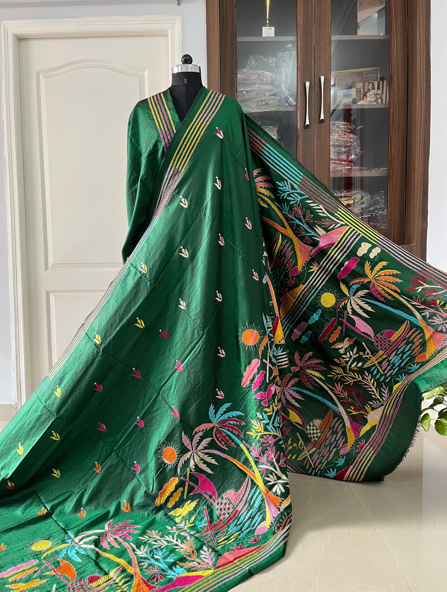 Kantha Stitch Hand Embroidered Pure Banglore Silk Saree (Silk Marked)