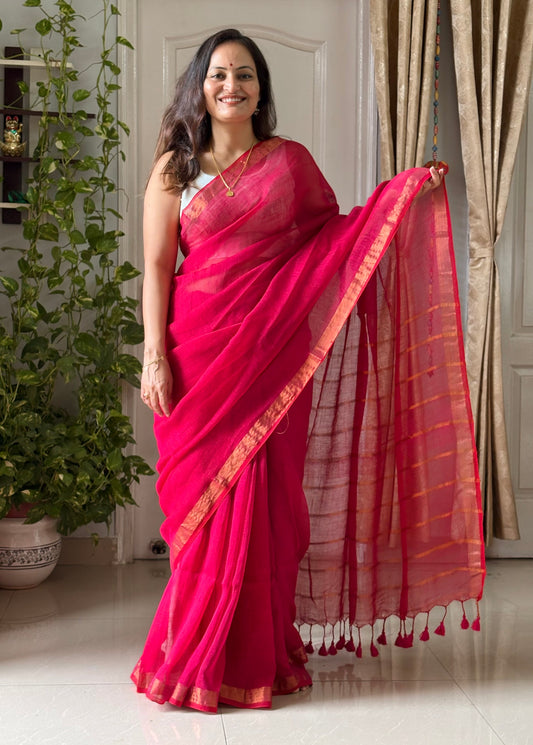 Linen By Linen Saree With Blouse - Rose Pink