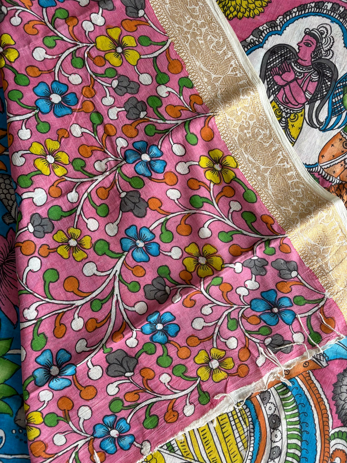 Pen Kalamkari hand painted pure cotton Saree with blouse