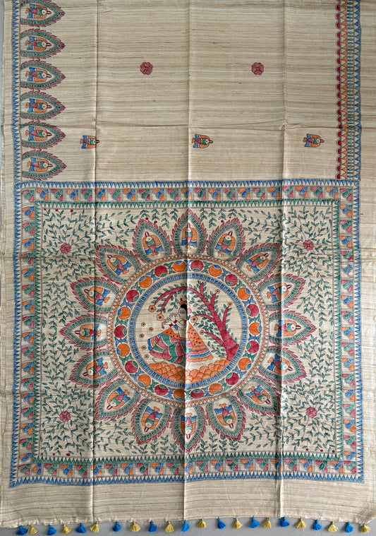 Pure Tussar Ghicha Silk Handcrafted Madhubani Saree (Silk Marked)