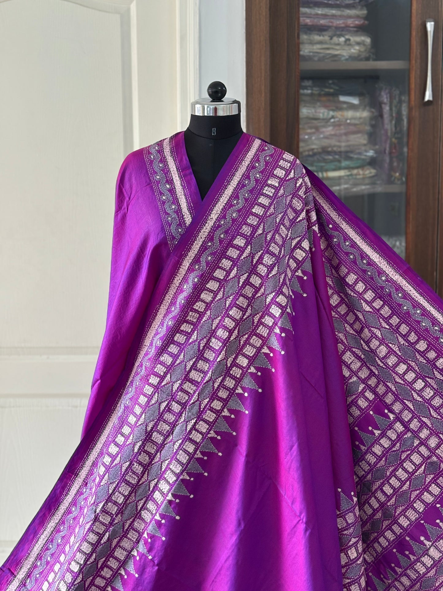 Kantha Hand Embroidered Pure Banglore Silk Saree (Silk Marked)