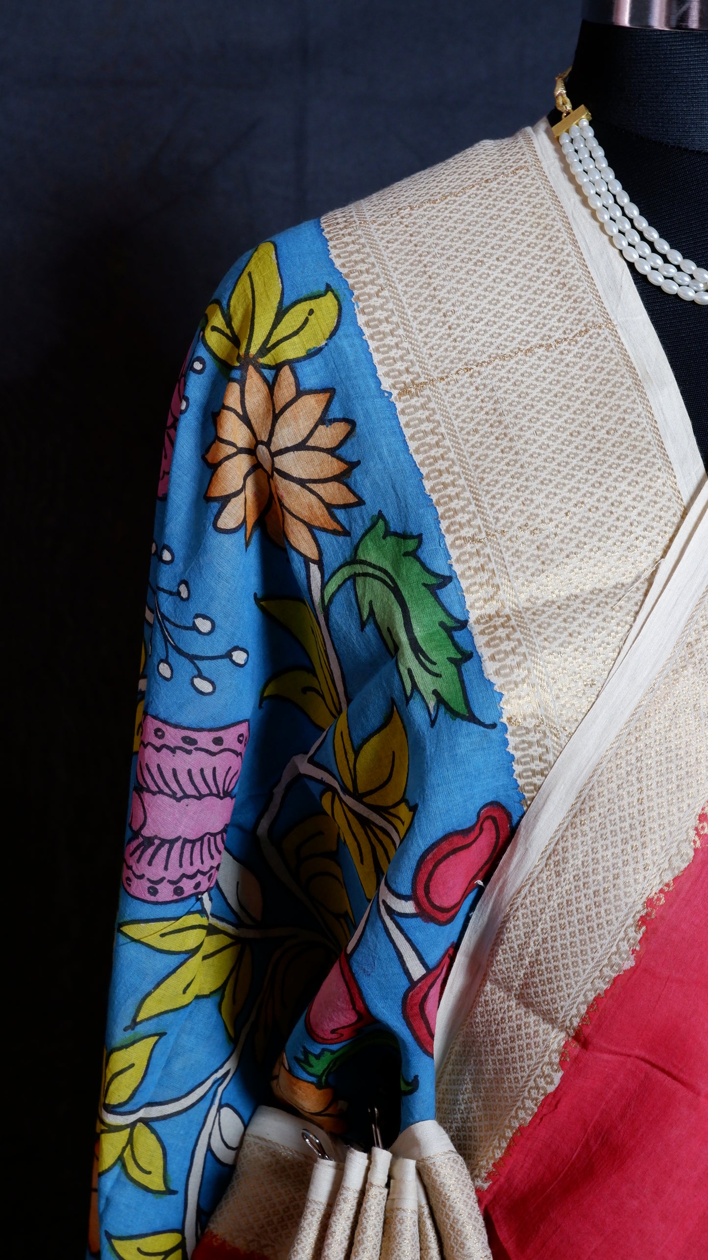 Pen Kalamkari hand painted pure cotton Saree with blouse