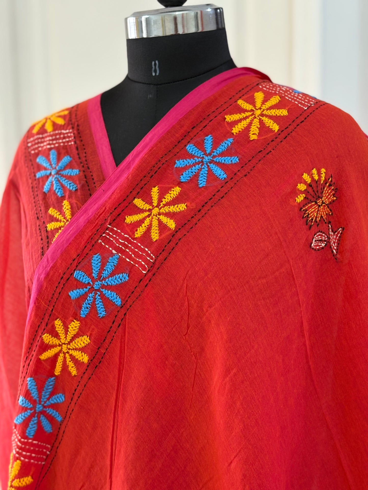 Kantha stitch Hand Embroidered Pure mul Cotton Saree