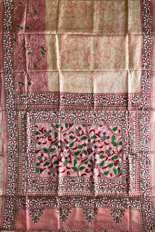 Kantha Stitch Hand Work Embroidered Art Silk Saree With Blouse