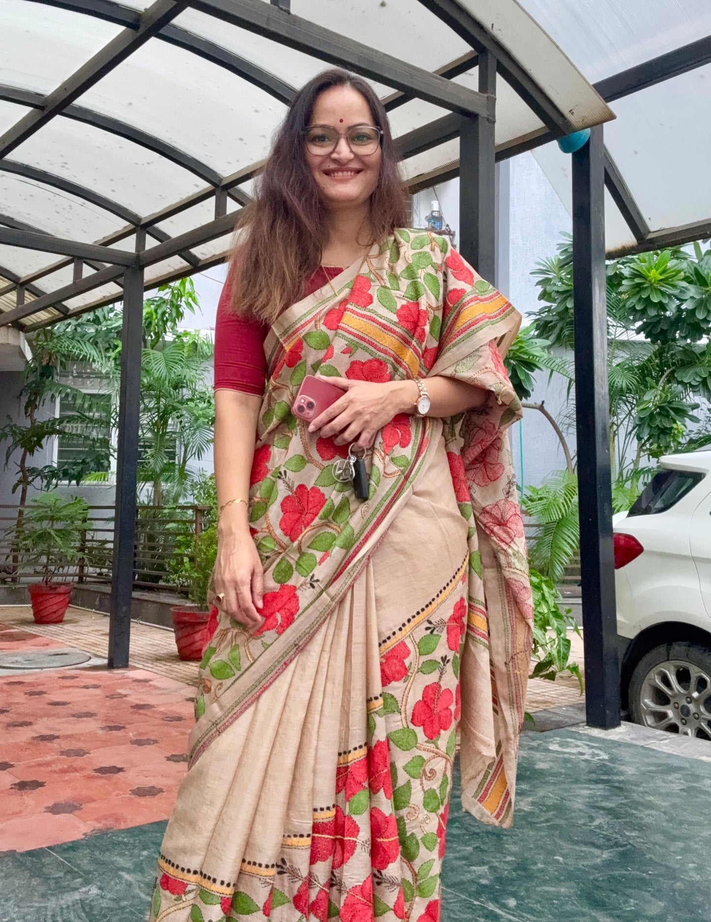 Kantha Stitch Hand Embroidered Pure Gachi by Gachi Tassar Silk Saree (Silk Marked)