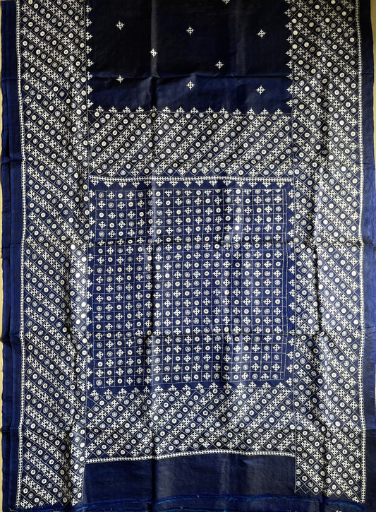 Navy Blue Kutch Hand Embroidered Pure Banglore Silk Saree