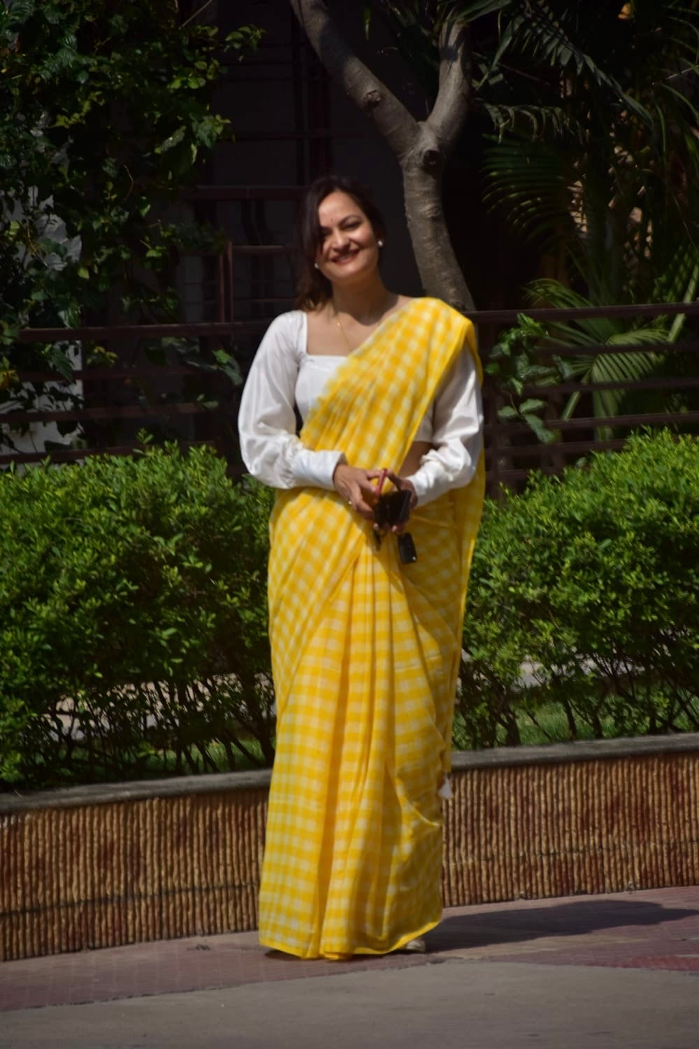 Checkered Mul Cotton Saree With Ikat Blouse | Ultra Lightweight | Yellow
