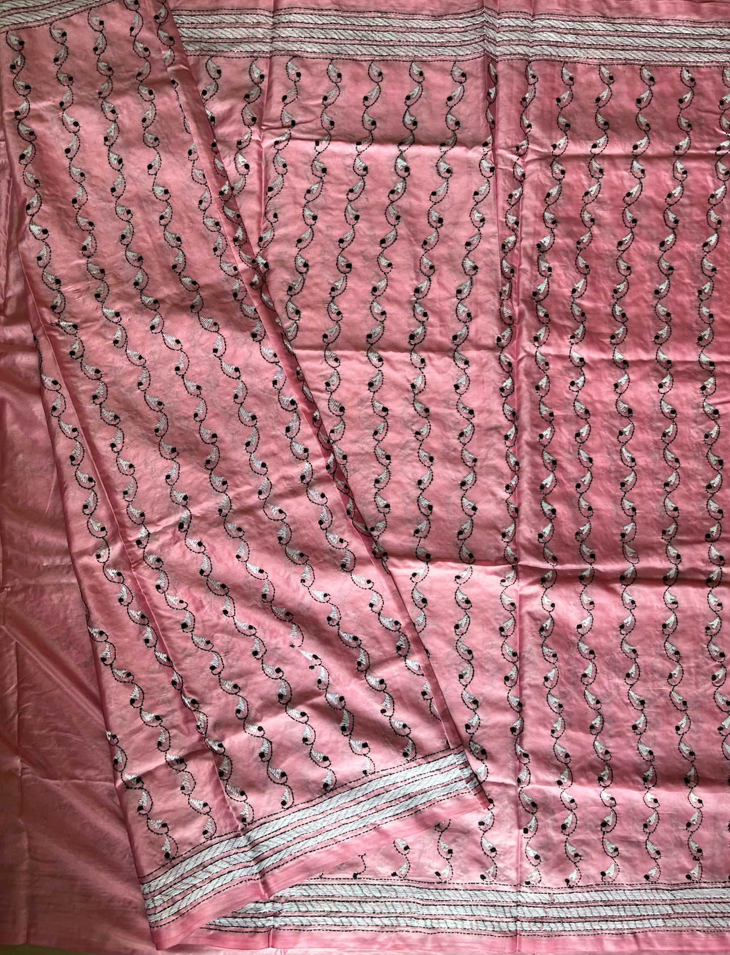 Pink Kantha Stitch Hand Work Embroidered Art Silk Saree With Blouse