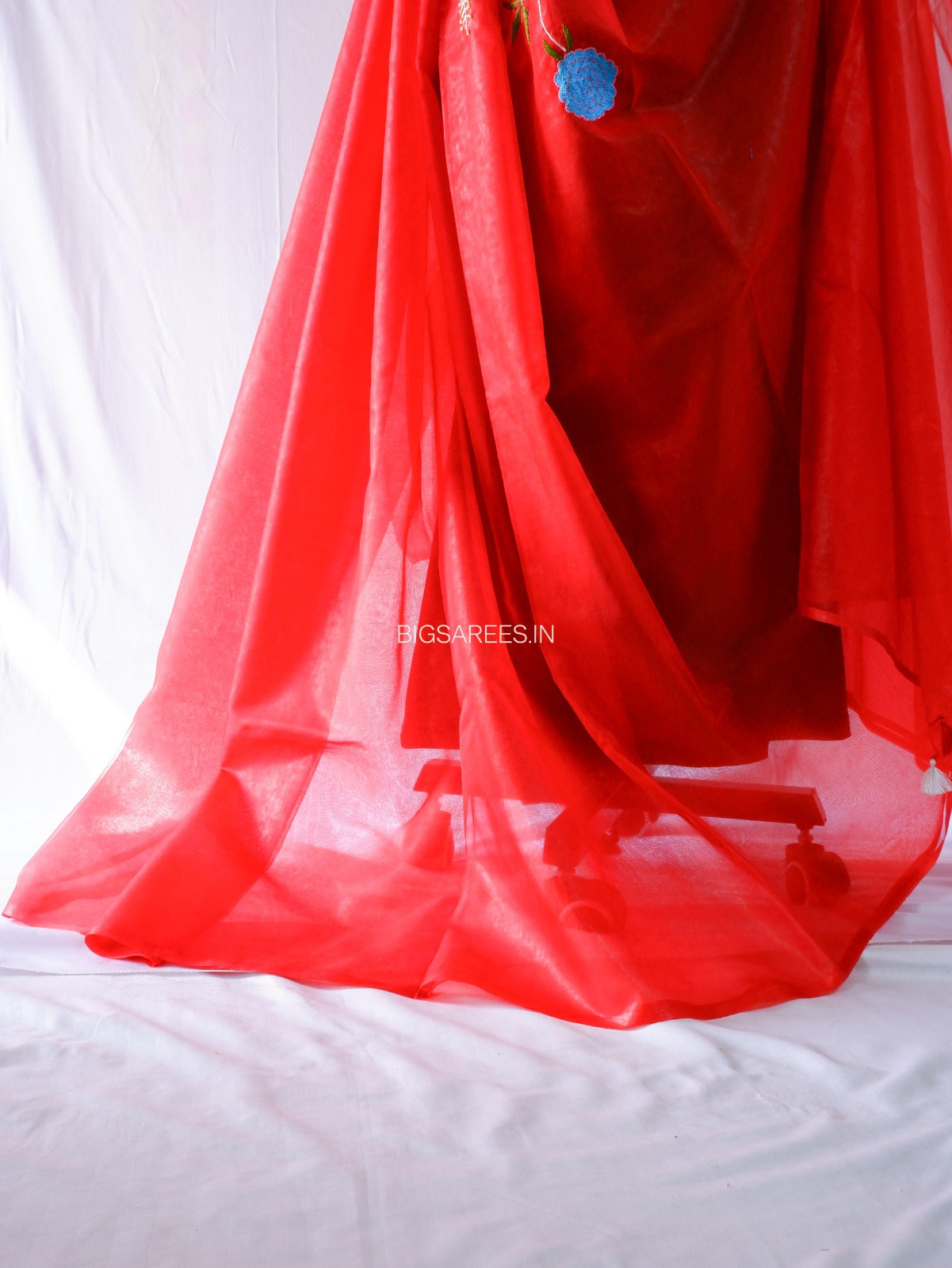 Designer Embroidered Semi Organza Silk Saree | Red