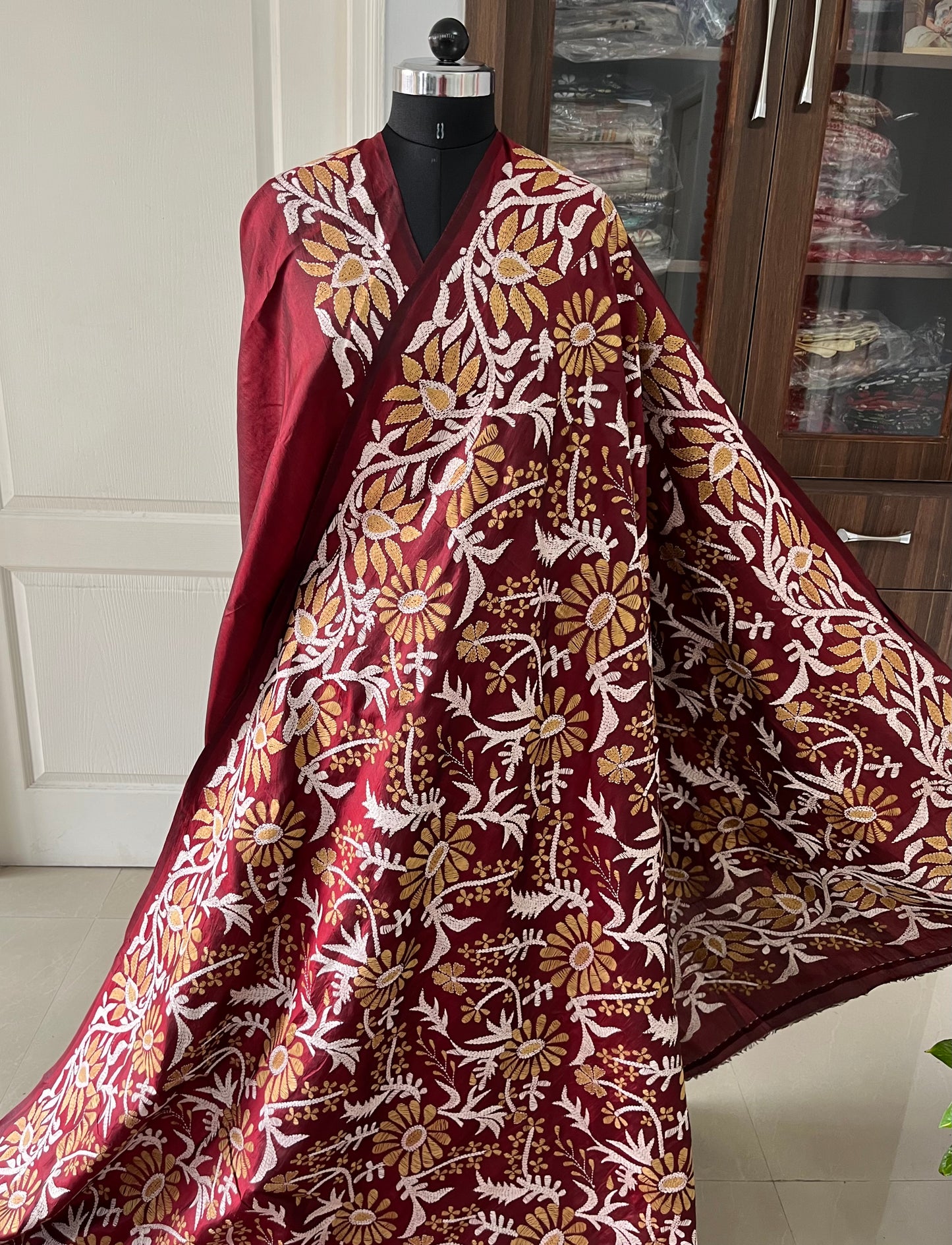 Maroon Kantha Stitch Hand Embroidered Pure Banglore Silk Saree