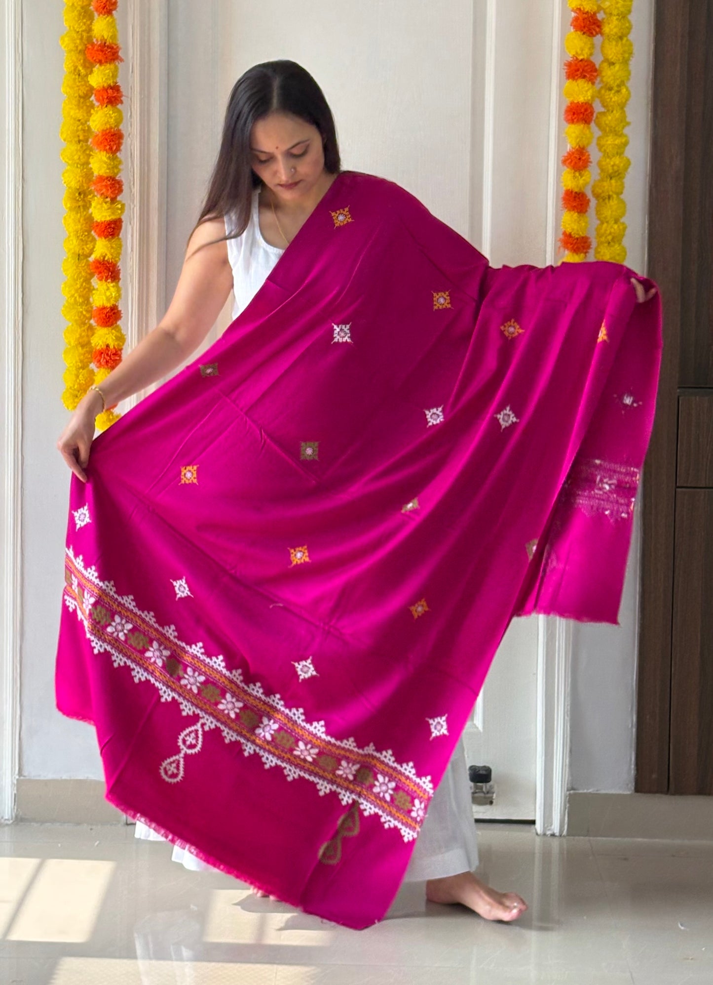 Gujrati Stitch Hand Embroidered Woollen Warm Shawl