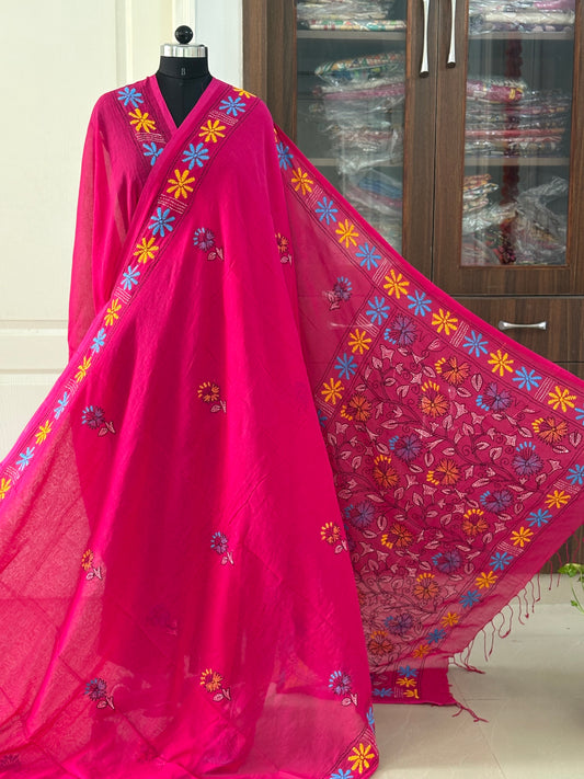 Kantha stitch Hand Embroidered Pure mul Cotton Saree