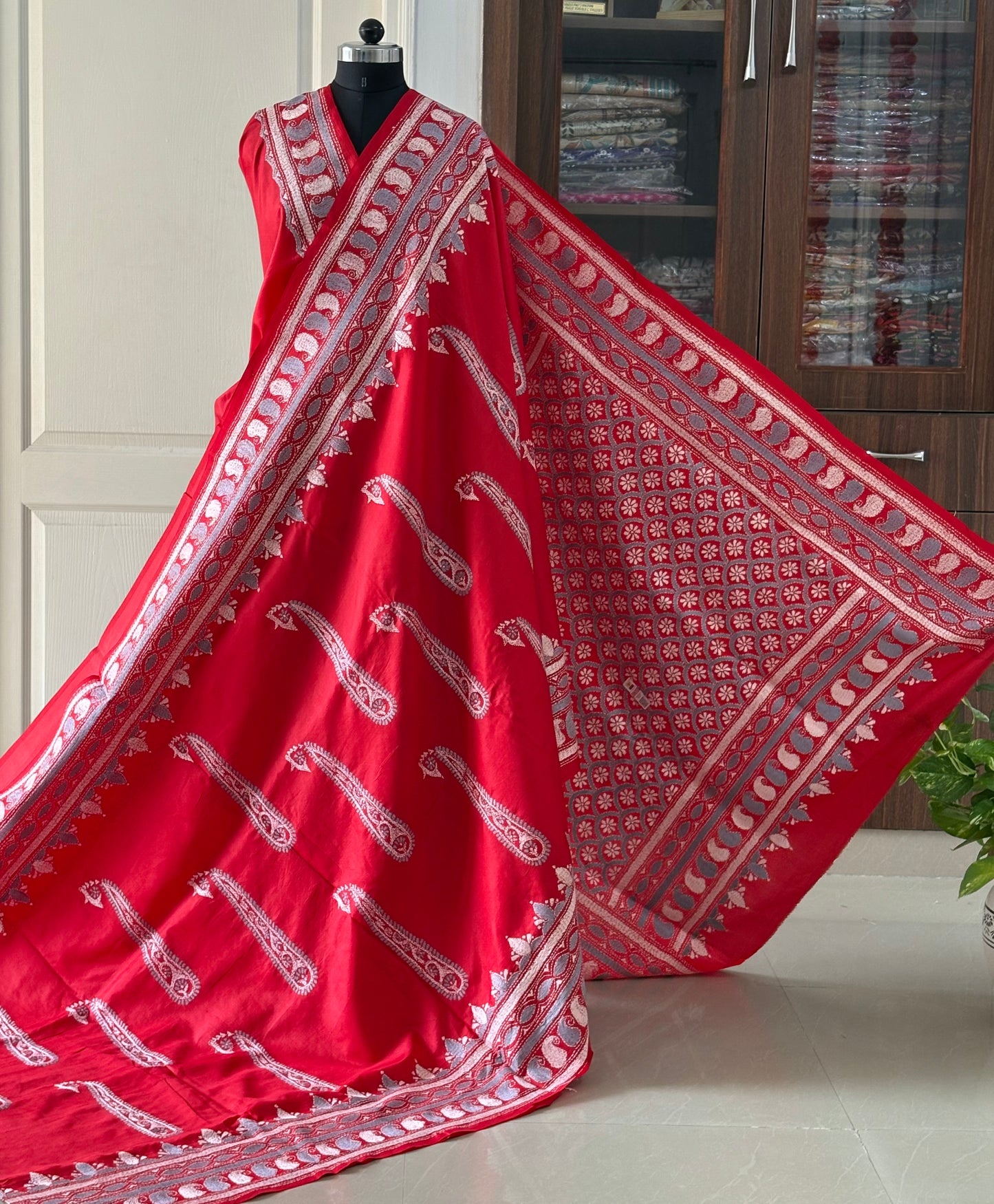 Red Kantha Stitch Hand Embroidered Pure Banglore Silk Saree (Silk Marked)