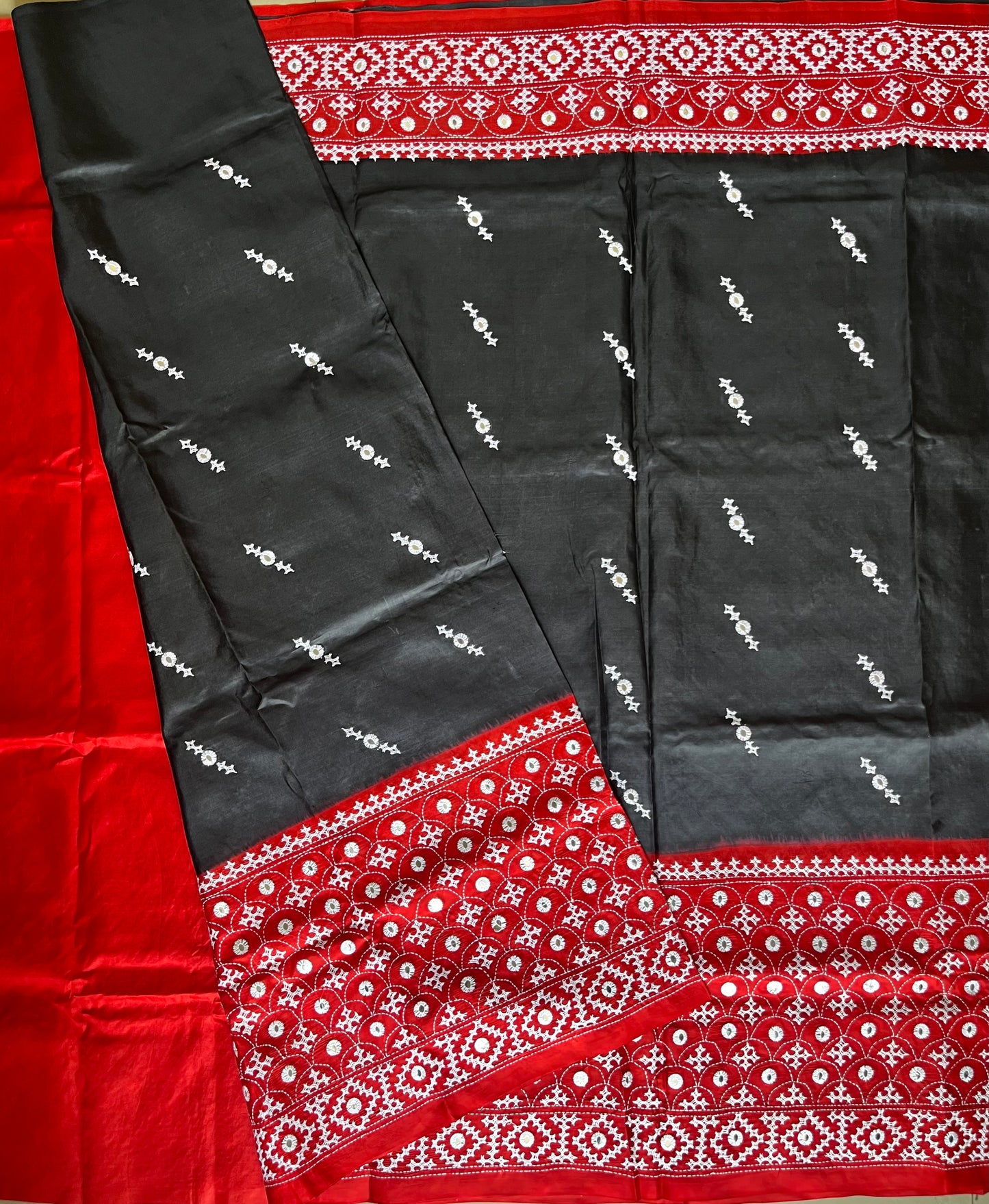 Red Black Kutch Hand Embroidered Pure Banglore Silk Saree