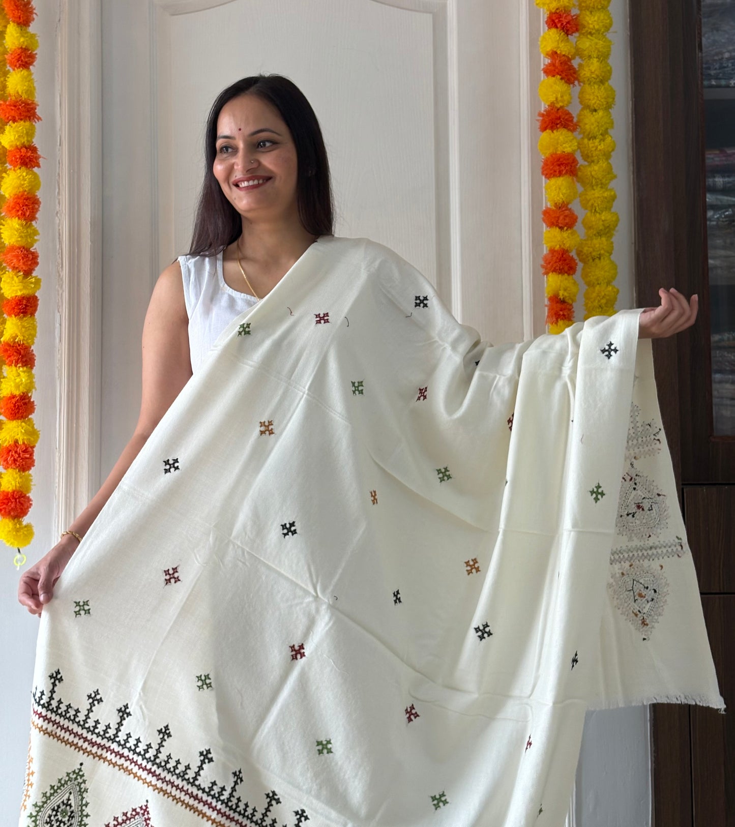 Gujrati Stitch Hand Embroidered Woollen Warm Shawl