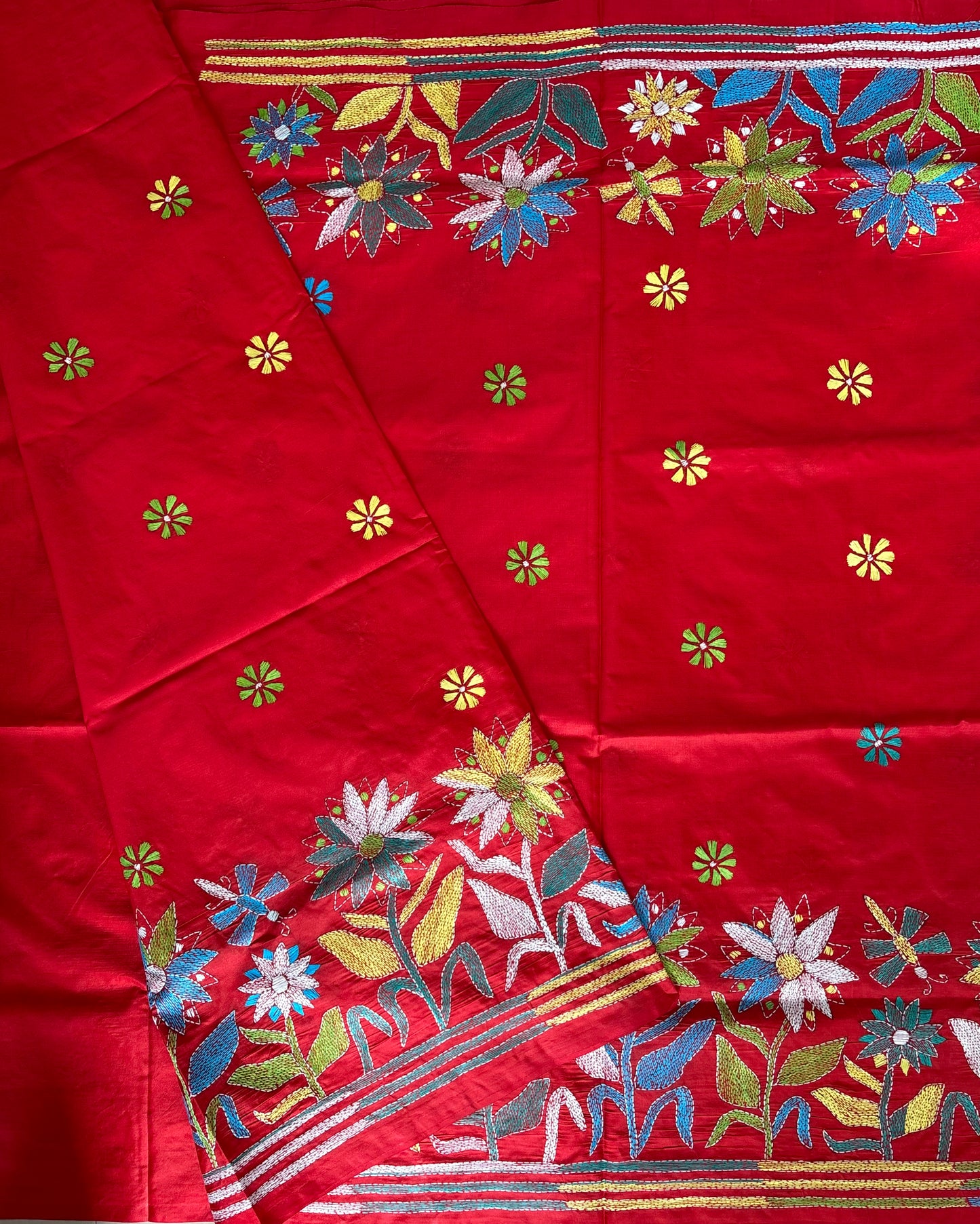Kantha Hand Embroidered Blended Banglore Silk/Art Silk Saree With Blouse